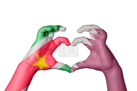 Photo for Suriname Qatar Heart, Hand gesture making heart, Clipping Path - Royalty Free Image