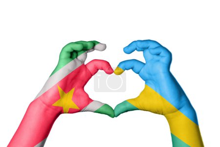 Photo for Suriname Rwanda Heart, Hand gesture making heart, Clipping Path - Royalty Free Image