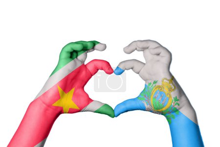 Photo for Suriname San Marino Heart, Hand gesture making heart, Clipping Path - Royalty Free Image