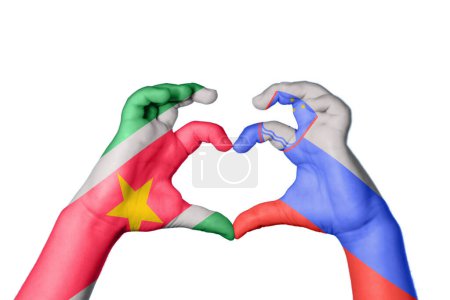 Photo for Suriname Slovenia Heart, Hand gesture making heart, Clipping Path - Royalty Free Image