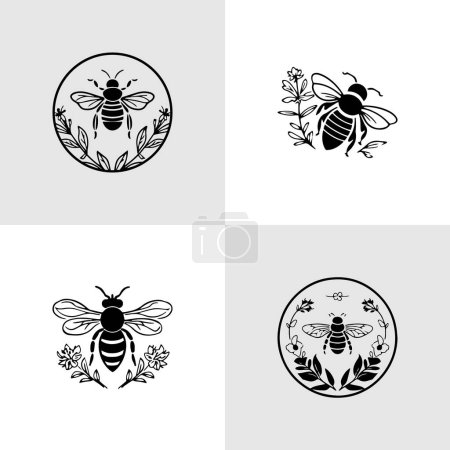 Ilustración de Conjunto de emblemas de abejas melíferas y elementos de diseño. Petos, siluetas de abeja - Imagen libre de derechos