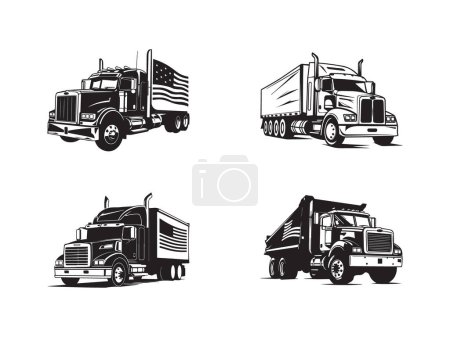 Ilustración de Icono de silueta del logotipo del camión Semi Truck con el logotipo del emblema del círculo del remolque aislado. Set de plantillas de logotipo listo vector aislado conjunto de vectores - Imagen libre de derechos