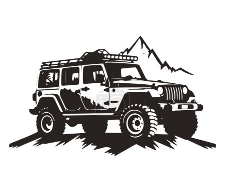 Ilustración de Logotipo minimalista y abstracto del icono del jeep silueta vectorial diseño aislado forma de moto de nieve - Imagen libre de derechos