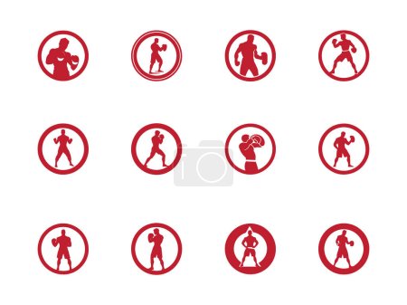 Téléchargez les illustrations : Champ de gymnastique et puissance ou concept de fitness logos mis icônes mans en cercle différentes poses vecteurs silhouettes sur fond blanc - en licence libre de droit