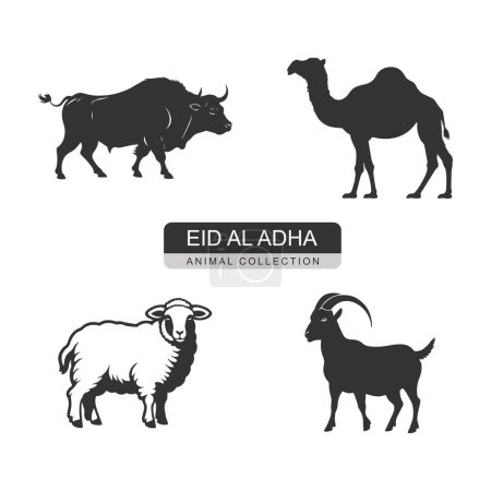 Ilustración de Logotipo de una colección de animales de Eid al adha camello búfalo oveja y cabra icono silueta diseño sobre fondo blanco - Imagen libre de derechos