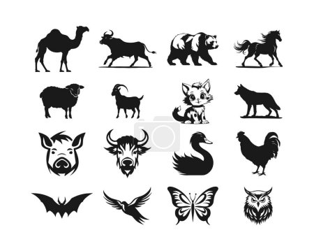Ilustración de Logotipo de un animal conjunto icono silueta diseño sobre fondo blanco - Imagen libre de derechos