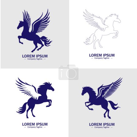 Set of Flying horses, stallions and mares silhouettes. Suitable for logo, emblem, pattern, typography etc. Isolated on white background. Vector illustration