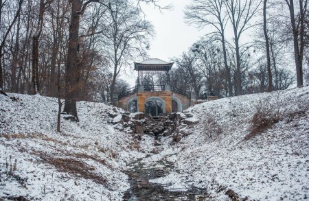Téléchargez les photos : Pont décoratif sur un ruisseau dans le parc en hiver - en image libre de droit