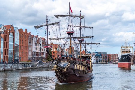 Photo for Gdansk, Pomeranian / Poland - 05/07/2019 Galeon Sailing Ship the Lew sailing to its berth on the Motlawa river Gdansk, Poland - Royalty Free Image