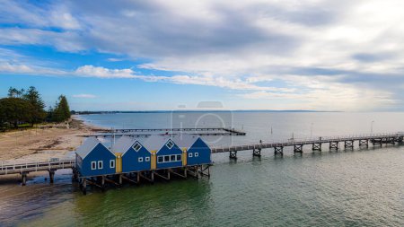 Photo for Busselton, WA - Australia 07-26-2022. Aerial view of Busselton Jetty the longest timber-piled jetty in the southern hemisphere at 1,841 metres long. - Royalty Free Image