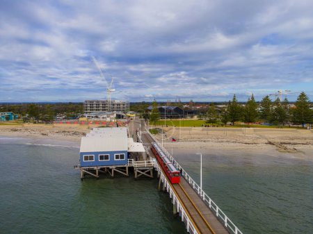 Photo for Busselton, WA - Australia 07-26-2022. Aerial view of Busselton Jetty the longest timber-piled jetty in the southern hemisphere at 1,841 metres long. - Royalty Free Image