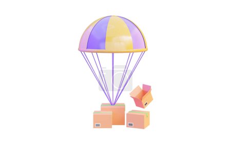 Téléchargez les photos : Parachute icon with parcel box on white background 3d render concept for parcel delivery - en image libre de droit