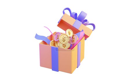 Photo for Giftbox with dollar coin and confetti icon on white background 3d render concept for money prize - Royalty Free Image