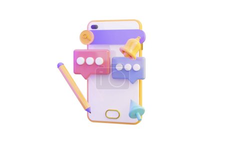 Handy-Symbol mit Bubble-Chat-Suchleiste Benachrichtigungsglocke auf weißem Hintergrund 3D-Renderkonzept