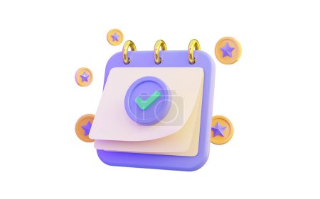 Kalendersymbol mit Häkchen und Ehrenplakette auf weißem Hintergrund 3D-Renderkonzept