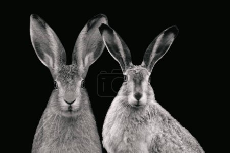 Foto de Dos hermosos conejos lindos en el fondo oscuro - Imagen libre de derechos