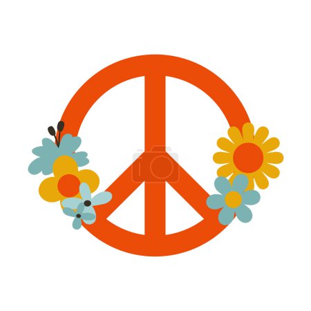 Ilustración de Retro groovy illustration. Pacific symbol with flowers in flat style. 60's, hippie, peace and love concept. Colorful vector isolated clip art. - Imagen libre de derechos