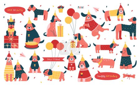 Téléchargez les illustrations : Collection birthday cute illustrations with different happy dog characters, puppies, with baloons, gifts, party hat, confetti, labels. Set of vector flat elements for greeting card, party invitation. - en licence libre de droit