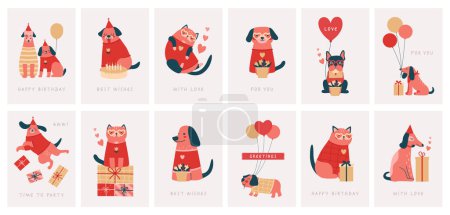 Illustration for Set of happy birthday card with cute cliparts of different cheerful dogs, cats with baloons, gifts, party hat, cake, text. Cartoon flat isolated designs for postcard, sticker, banner, invitation. - Royalty Free Image