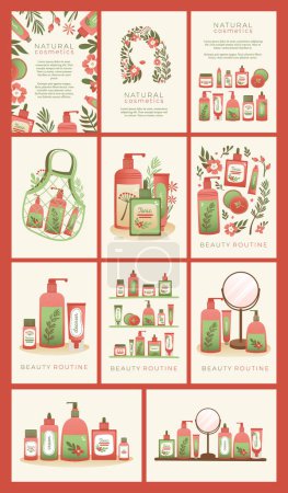 Téléchargez les illustrations : Collection of banner templates for organic, natural, vegan cosmetics. Creative modern flat illustrations of jars, tubes, bottles, flowers, green plants, herbs, products, package.  For branding, packaging, website, social media, marketing. - en licence libre de droit