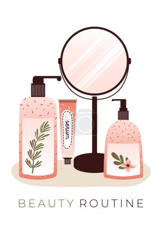 Téléchargez les illustrations : Natural organic cosmetic products for skin and vanity mirror. Beauty routine set, vanity table. Vector flat illustrations for marketing, website, merch, card in flat style. - en licence libre de droit