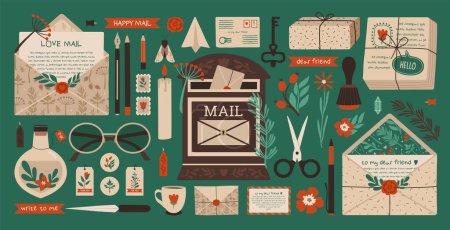 Téléchargez les illustrations : Set of postal elements with mail, mailboxes, postmarks, sealing wax, cards, key, plants, post office. Decorative creative cliparts in flat style. Hand drawn collection of mail vintage objects. - en licence libre de droit