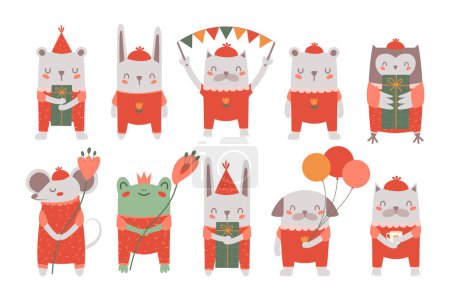 Téléchargez les illustrations : Collection of holiday clip arts with cute animals, dog, bear, mouse, toad, rabbit, cat, owl with bunting flags, balloons, gift, party hat, flower. Kid's gentle drawings for birthday card, sticker. - en licence libre de droit