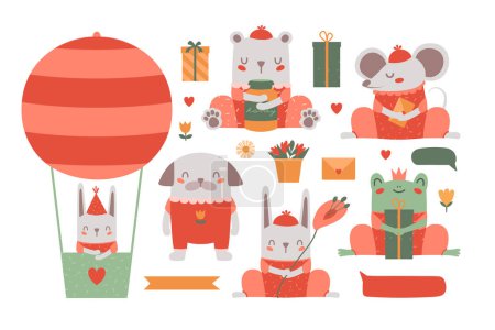 Illustration for Collection children illustrations with cute animals with gift, hat, flower, air balloon, mail, crown. Set of rabbit, cat, dog, bear, toad, mouse, owl for greeting card, party invitation, stickers. - Royalty Free Image