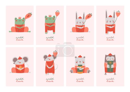 Ilustración de Set greeting card with cute cartoon illustrations of frog, bear, rabbit, owl with flower, jar, mail and text "with love". Children gentle clip arts for invitation, stickers, banners. - Imagen libre de derechos