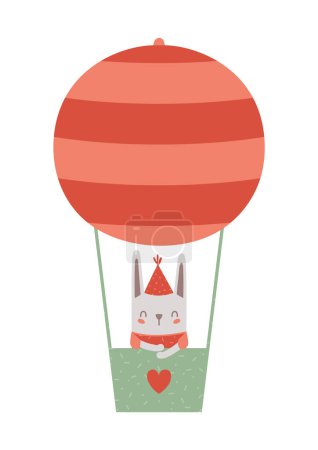 Ilustración de Children cartoon illustration with cute rabbit on air balloon in party hat. Isolated gentle clip art for greeting card, party invitation, baby shower, sticker, birthday card. - Imagen libre de derechos