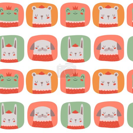 Ilustración de Seamless pattern with cute cartoon happy animal faces with hat, crown. Concept for children print in flat style. Vector gentle background with white rabbit, toad-princess, bear, dog. - Imagen libre de derechos