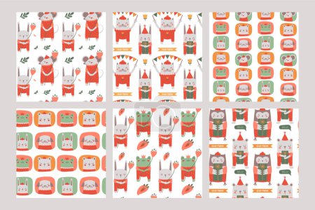 Illustration for Collection of seamless patterns with cute happy animals with flower, hat, gift, bunting flags, ribbon. Concept for children print in flat style. Vector background with rabbit, cat, dog, mouse, bear. - Royalty Free Image