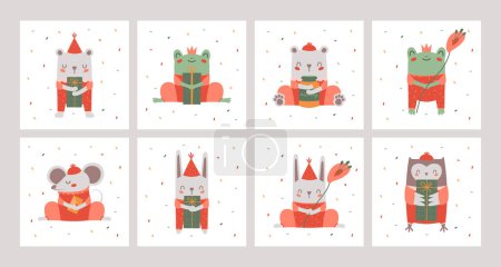 Ilustración de Collection square happy birthday card with cute vector illustrations of owl, mouse, toad, bear, rabbit with party hat, flower, gifts in paws. Children flat clip arts for invitation, banners, stickers - Imagen libre de derechos