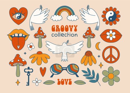 Illustration for Set of groovy psychedelic stickers. Hippie celestial esoteric illustrations. Flat design. 60's, 70's concept. Modern abstract clip arts with amanita, eye, flower, plant, yin yang, rainbow, lips, dove - Royalty Free Image