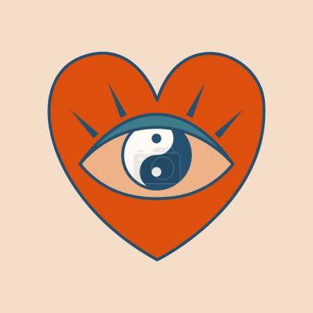Illustration for Heart shape with open eye, yin yang symbol. Retro, psychedelic clip art. Hippie groovy illustration in flat style. 60's, 70's concept for card, sticker, merch, tattoo. - Royalty Free Image