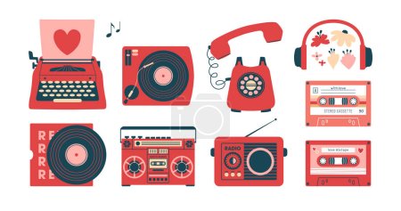Set of modern creative clip arts with retro devices, typewriter, record player, vinyl, headset, earphones, cassette, mixtape, radio, boombox, telephone. Vintage concept. Flat design. For sticker, card