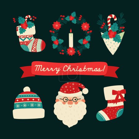Téléchargez les illustrations : Set of Christmas items, elements and decorations including pine branch, christmas sock, mistletoe, wreath, candle, Santa Claus, hat. Flat vector illustrations for New Year and Christmas card, poster. - en licence libre de droit
