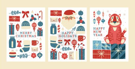 Téléchargez les illustrations : Collection of different Christmas and New Year cards.Card template with toys, floral elements, gifts, candy, mistletoe, pine branch and Tiger symbol 2022 year. Celebration Happy New Year 2022. - en licence libre de droit