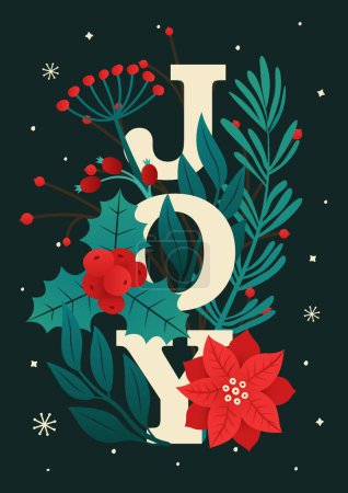 Illustration for Merry Christmas and New Year card template with text "JOY" pine branches, holly berry, mistletoe, winter floral plants design illustration, greetings, invitation, flyer, brochure in vector flat style. - Royalty Free Image