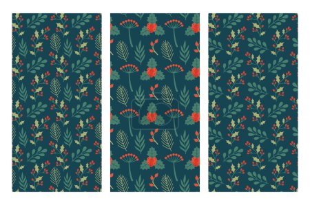 Ilustración de Winter floral backgrounds. Set of flat botanical seamless patterns. Merrry Christmas and New Year universal vector ornament. Collection floral, botanical elements, leaves, holly berries, mistletoe. - Imagen libre de derechos
