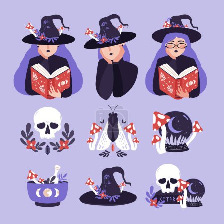Ilustración de Set magical clip arts of witch, skull, sphere, old book, witch hat, plants, potion, runes, magic ball. Witchcraft dark illustrations. Esoteric occult collection in flat style. Vector elements. - Imagen libre de derechos