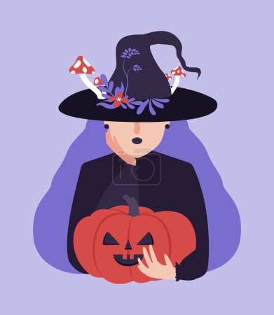 Illustration for Cute witch in hat with long hair holding evil pumpkin. Halloween vector isolated illustration in flat style for party invitation, card, sticker, merch. Mystical clipart. - Royalty Free Image