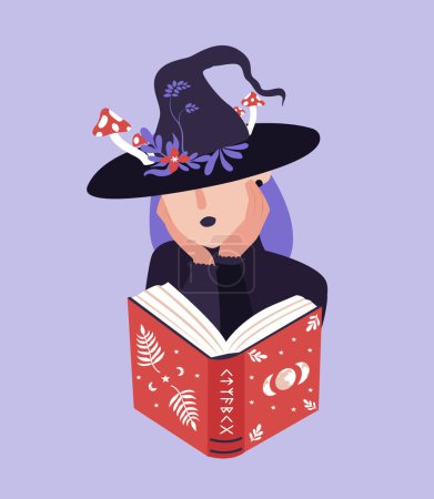 Illustration for Cute witch in hat reading old book. Halloween vector isolated illustration in flat style for party invitation, card, sticker, merch. Mystical clipart. - Royalty Free Image