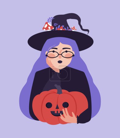 Illustration for Cute witch in hat, eyeglasses holding pumpkin. Halloween mystical dark illustration in flat style for party invitation, card, sticker. Witchcraft magical clip art. - Royalty Free Image