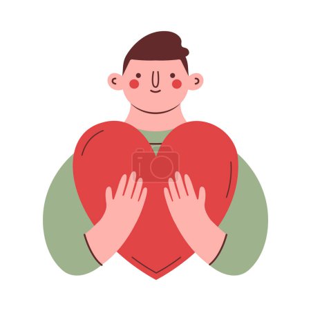 Illustration for Modern cute clip art with man, who holding big heart. Flat design of illustration with person, boy. For sticker, card on Mother's Day, International Day of Charity. Supporting concept. - Royalty Free Image