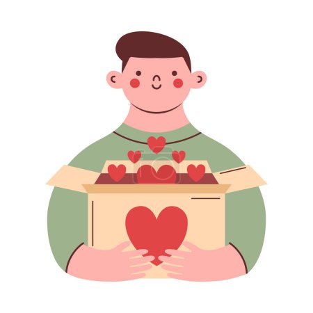 Illustration for Creative cute clip art with man who holding box with hearts. Flat design of illustration with person, young man. For sticker, card on Mother's Day, International Day of Charity. Supporting concept. - Royalty Free Image