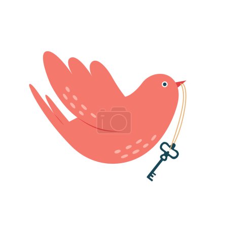Illustration for Cute flying bird with key in beak. Clipart in pastel shades with birdie for card, valentine's, sticker, banner, print. - Royalty Free Image