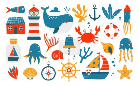 Illustration for Big set of childish funny clip arts with sea animals, whale, crab, fish, lighthouse, ship, algae, coral, house. Quirky cute cartoon illustrations for kid greeting card, banner, logo, fabric, textile. - Royalty Free Image