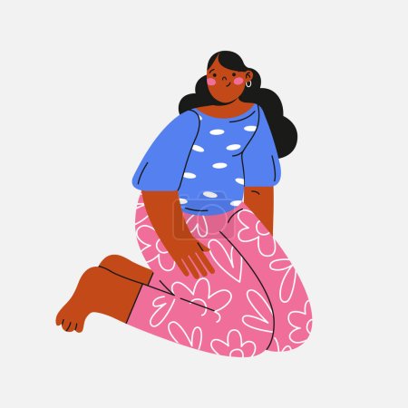Illustration for Cute dark skinned young woman sitting and looks away. Creative quirky flat illustration with stylish girl. Doodle graphic style. For web design, banner, poster, card. Leisure, relax concept. - Royalty Free Image