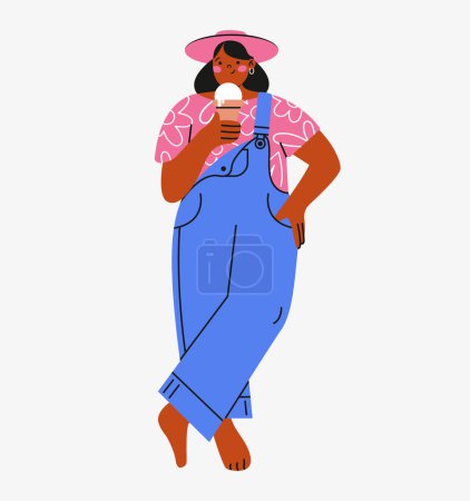 Illustration for Cute dark skinned young woman in hat standing with ice cream. Creative quirky flat illustration with stylish girl. Doodle graphic style. For web design, banner, poster, card. Leisure, relax, concept. - Royalty Free Image